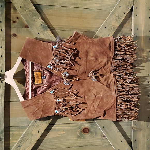 Vintage Jackets & Blazers - VINTAGE BROWN LEATHER VEST FRINGES NEW WITH TAG DREAM APPAREL WESTERN COWBOY